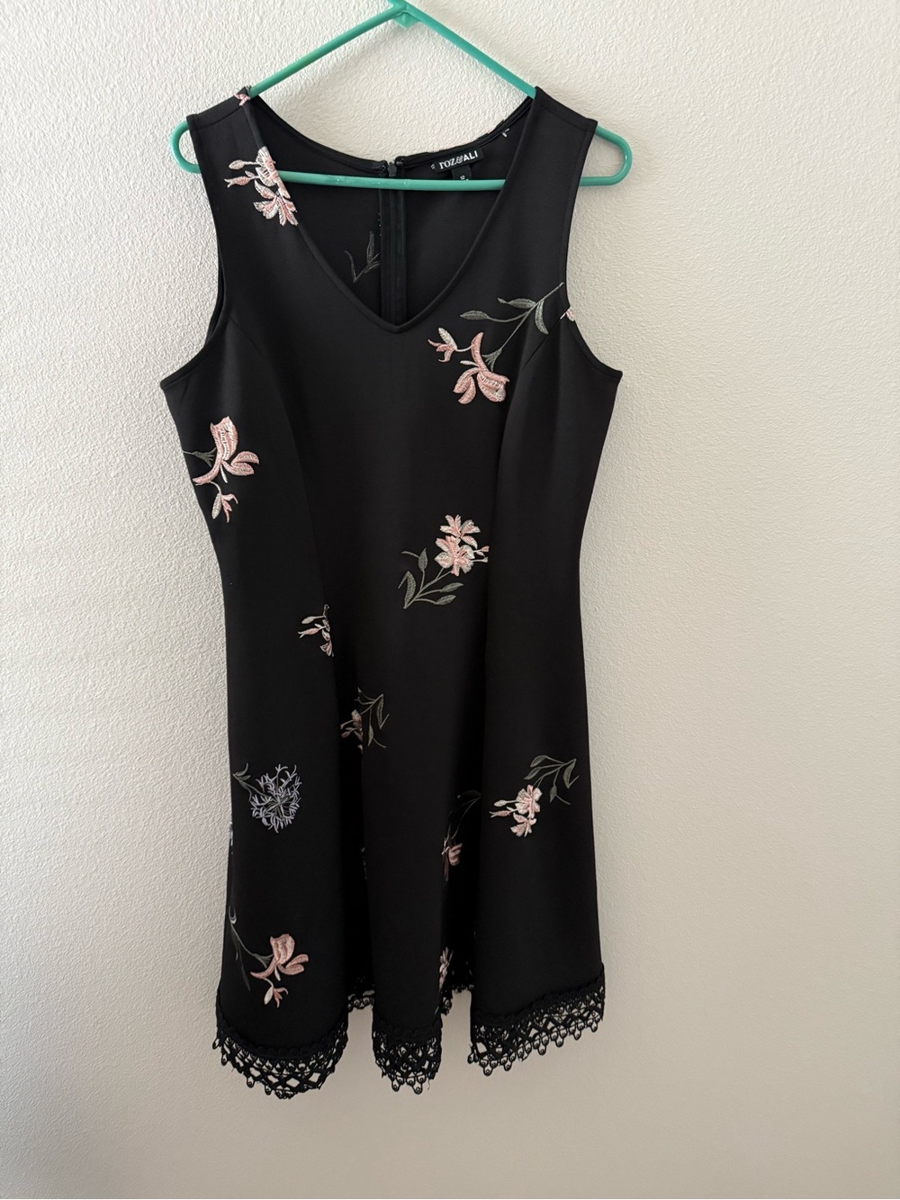 Black Floral Embroidered Dress with Lace Hems